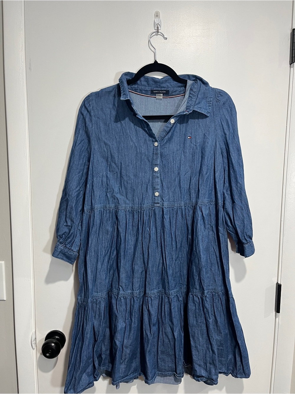 Tommy Hilfiger Denim Tiered Shirt Dress Blue Chambray Long Sleeve 12
